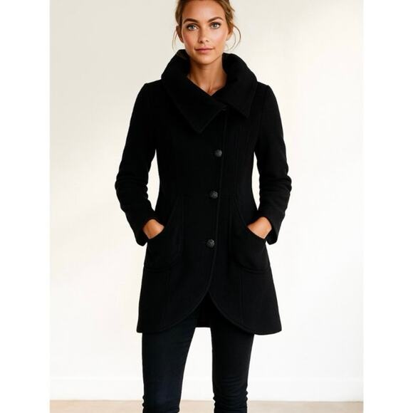 Mackage Black Wool Blend Funnel Neck Peacoat Minimalist Quiet Luxury Medium - Picture 1 of 15